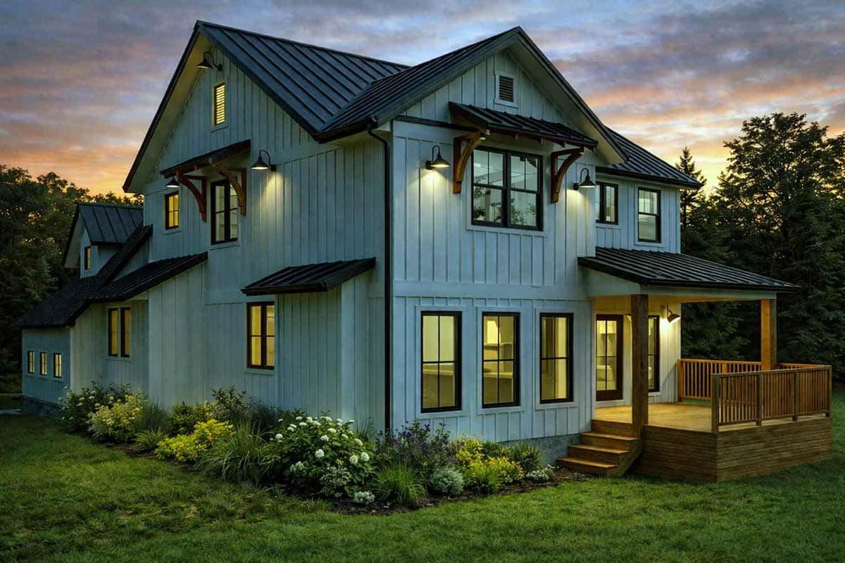 Modern Farmhouse house plan exterior with vertical siding, metal roof, gabled dormers, and covered deck.