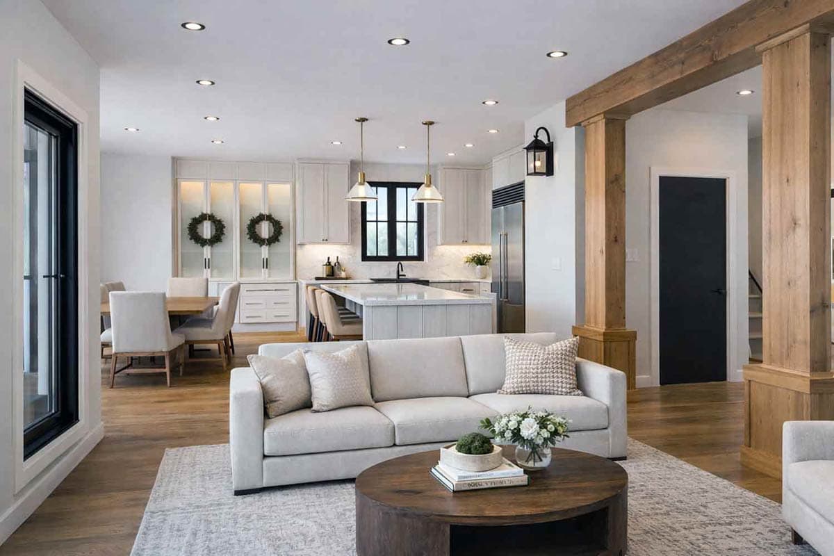 Open-concept living space with kitchen island, dining area, and living room featuring wood beams and columns.