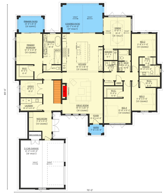 Plan 330028WLE: Elegant French Country House Plan with 4-6 Bedrooms and Two-Story Great Room - Floor Plan - Main Level - European, Farmhouse, French Country