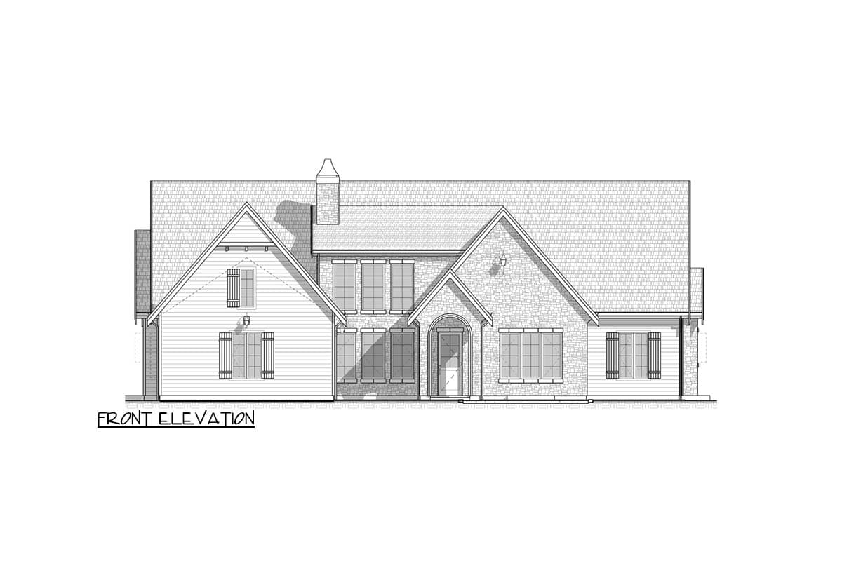 Front elevation drawing of a two-story house plan featuring gabled dormers, stone and shingle siding, and a prominent arched entry.