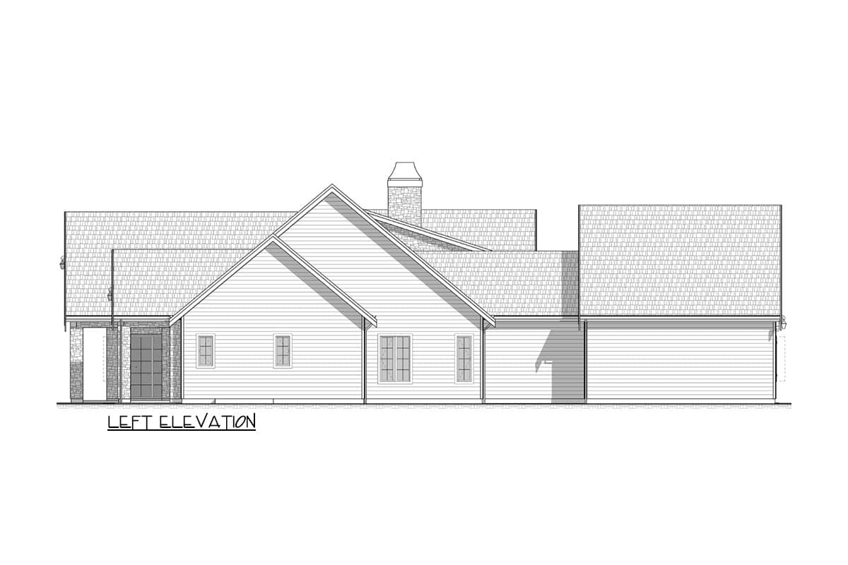 Left elevation drawing of a house plan featuring gabled roofs, a stone chimney, and attached garage.