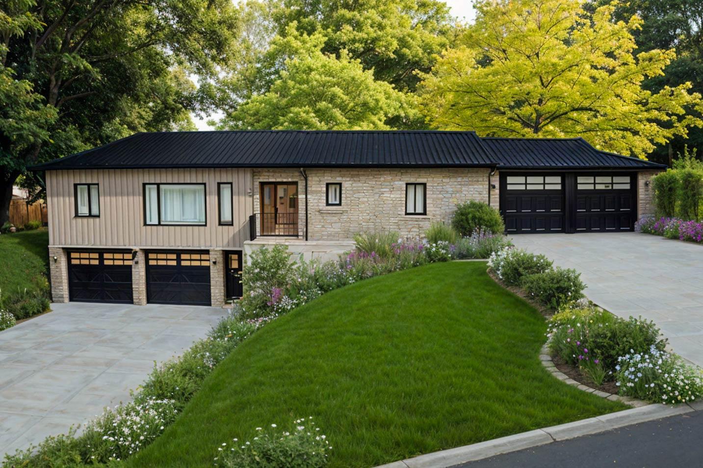 House plan exterior: Single-story home with stone and vertical siding, a black metal roof, and two attached garages with multi-panel doors.