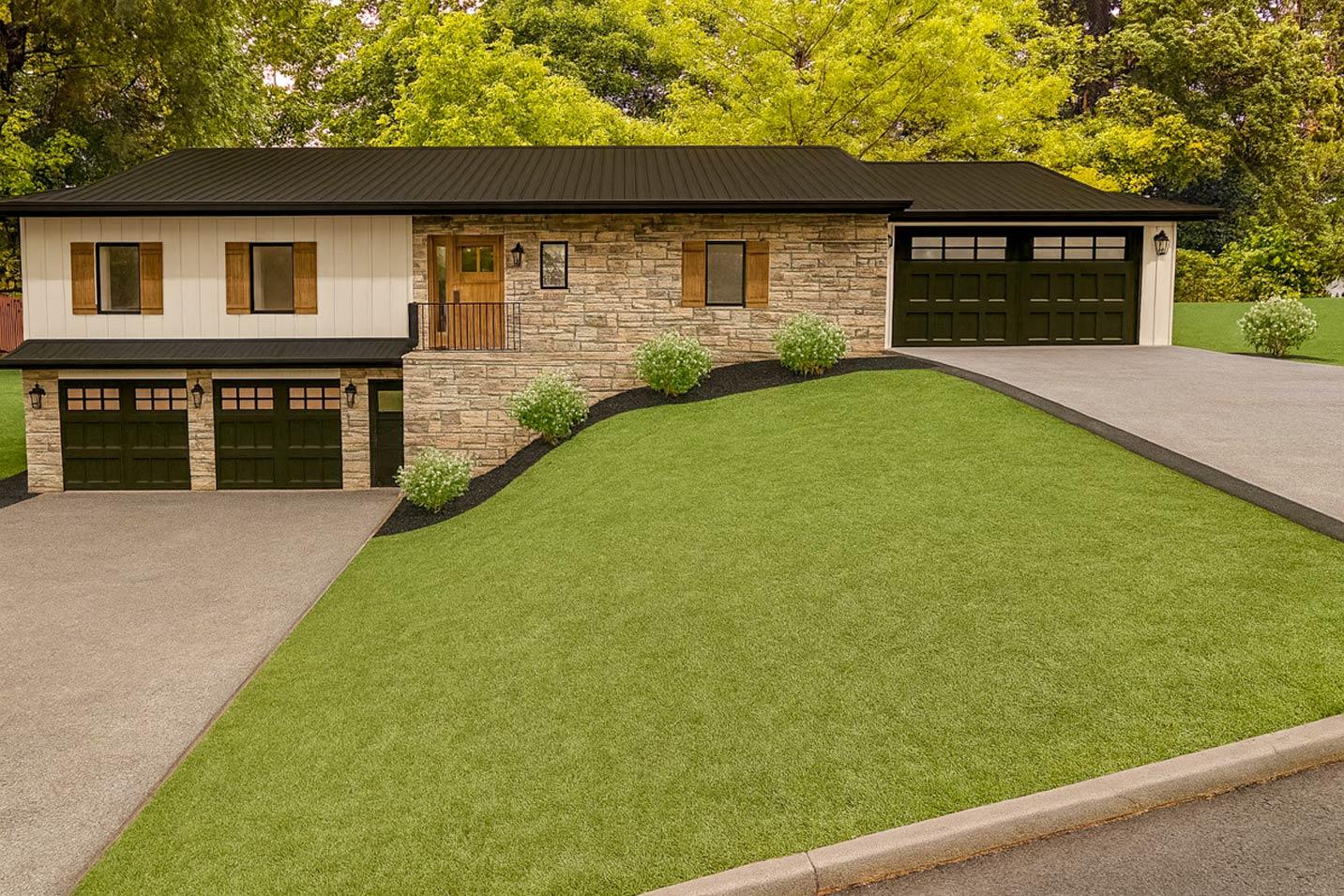House plan exterior features stone and board-and-batten siding, a metal roof, and a three-car garage.