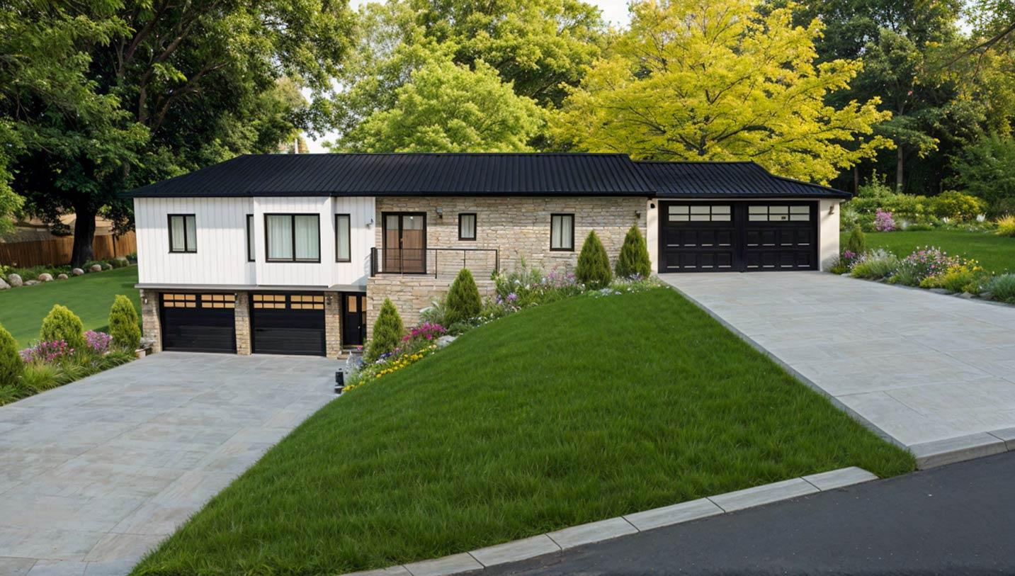 House plan exterior: Modern style, two stories, white vertical siding, stone facade, black metal roof, multiple garage bays.