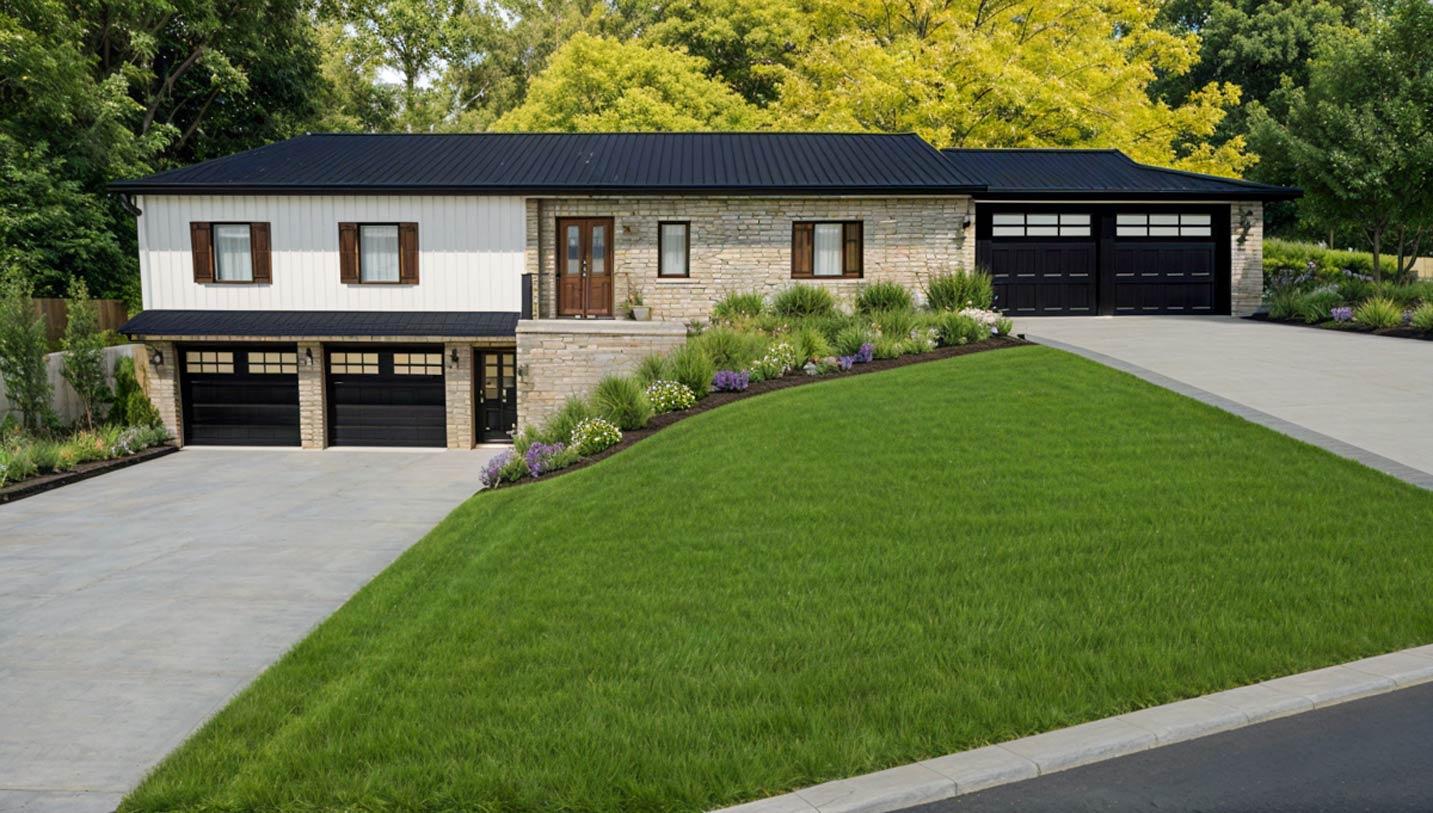 Two-story house plan exterior with stone and white siding, black metal roof, and five garage bays.