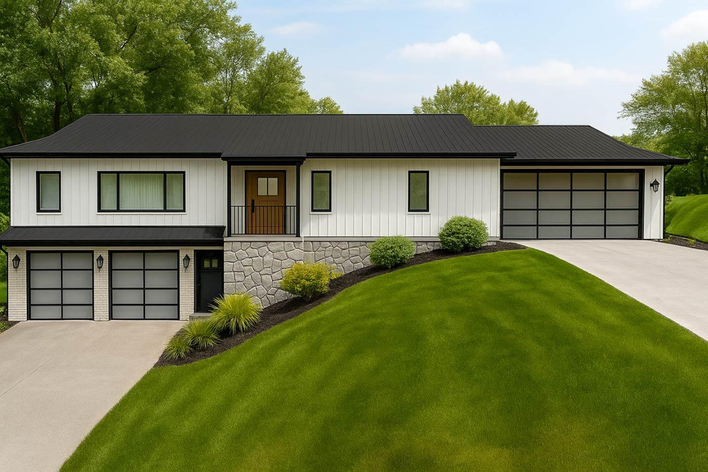 House plan exterior: Modern style, two stories, white board and batten siding, stone foundation, black metal roof, and three garage doors.