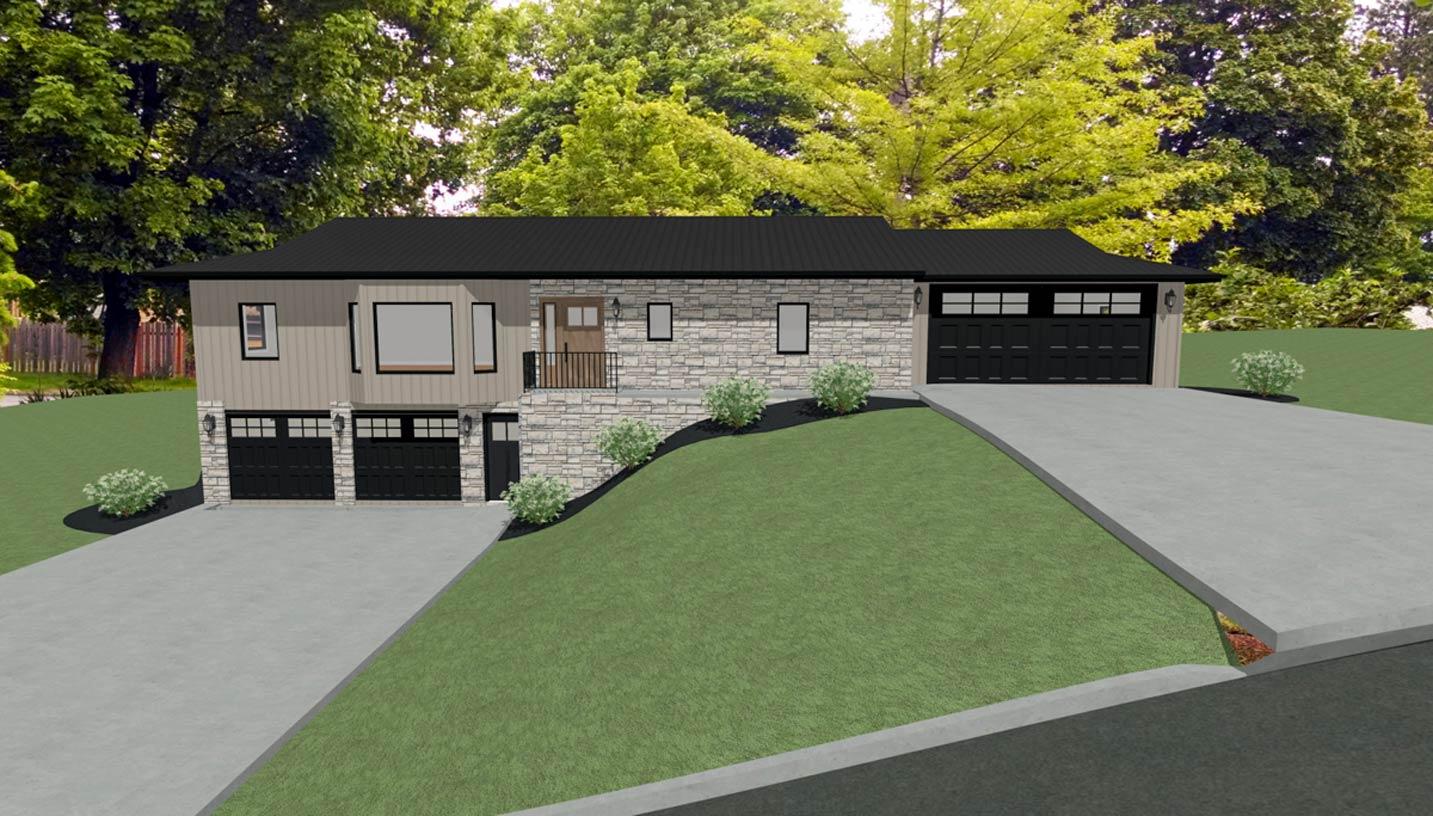House plan exterior with stone and vertical siding, a three-car garage, and a black metal roof.