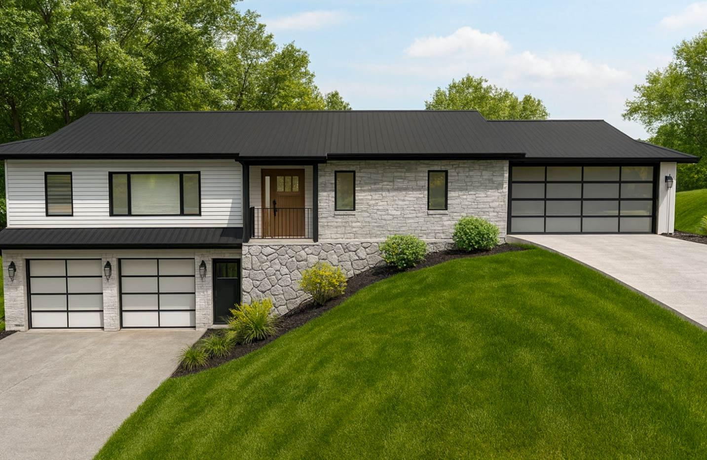 Modern house plan exterior with white siding, stone accents, dual garage doors, and black metal roof.