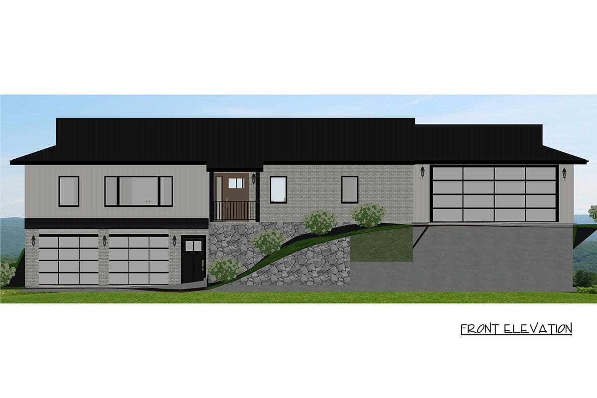 Front elevation drawing of a modern house with three garage doors, a raised stone retaining wall, and a dark pitched roof.