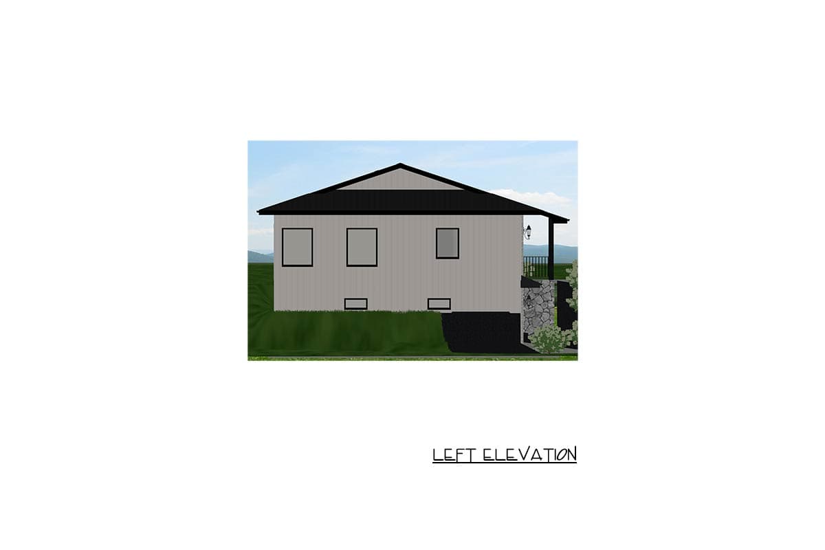 Left elevation of a house plan showing a gable roof, three windows, a porch with railing, and stone foundation.