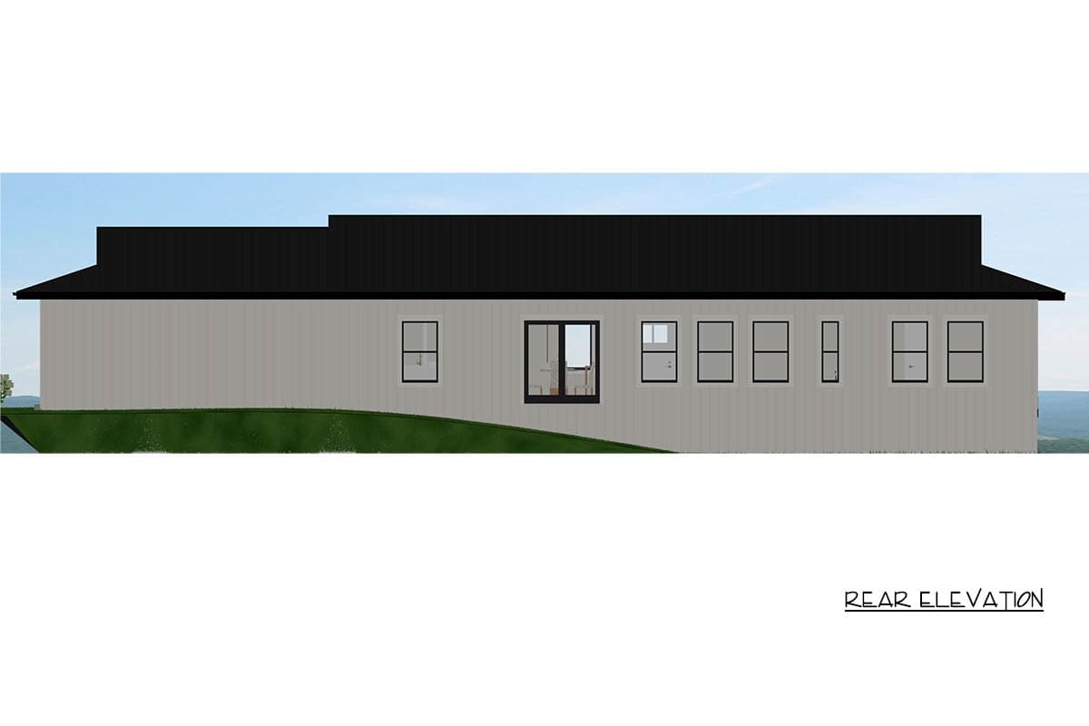 Rear elevation of a modern house plan with a light gray vertical siding, black metal roof, and multiple windows.