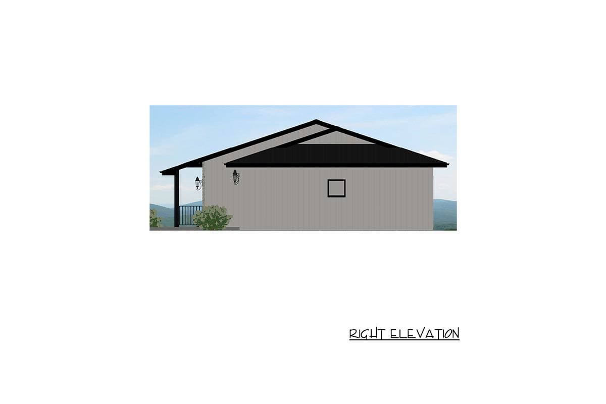 Right elevation of a single-story house plan featuring a covered porch, shed roof, and single window.