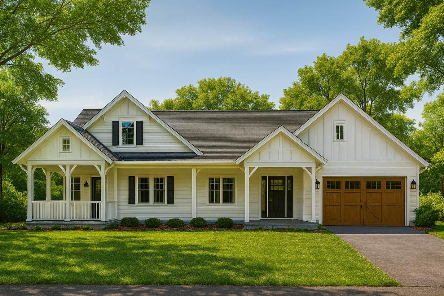 Modern Farmhouse house plan exterior with wraparound porch, gables, and double garage with wood doors.