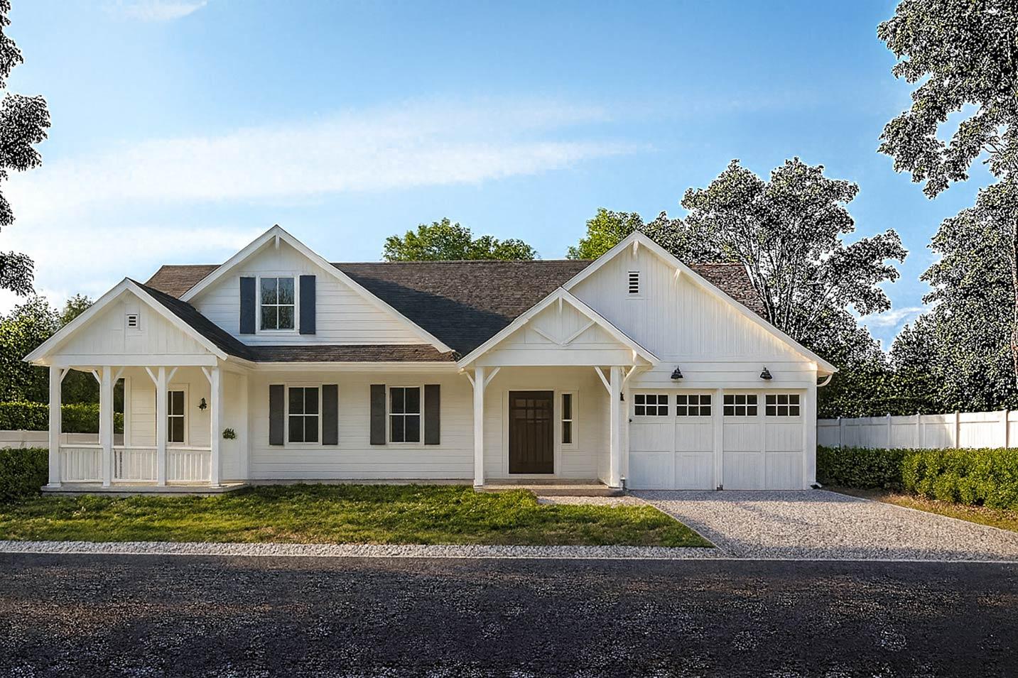 Modern Farmhouse house plan exterior, one story, with a covered front porch, gabled dormers, and a side-entry two-car garage.