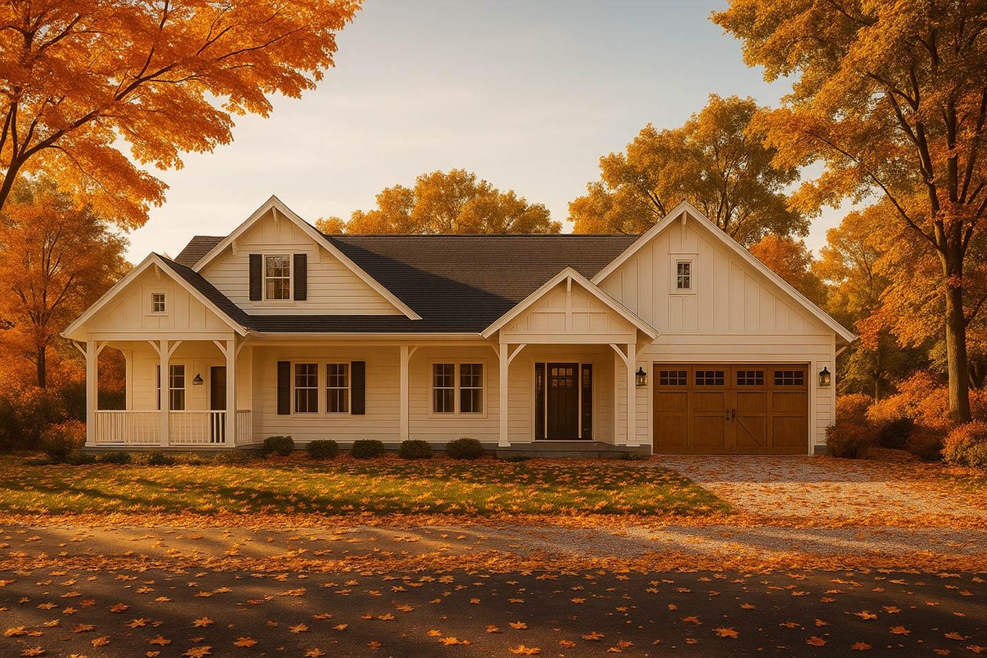 Modern Farmhouse style house plan exterior with a wraparound porch, gables, and attached two-car garage.