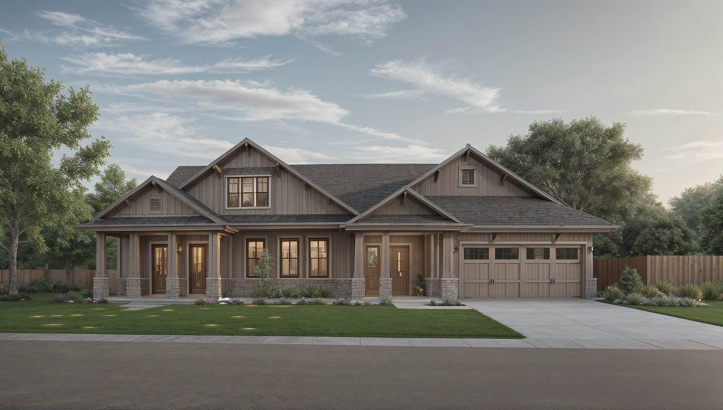 Craftsman style house plan exterior with a prominent gable, stone-accented columns, and a wide garage.