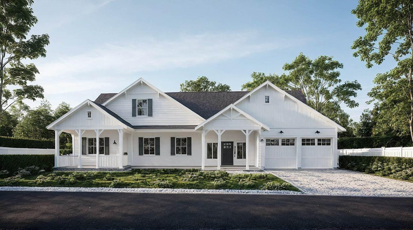 Modern farmhouse style house plan exterior, one story, with covered front porch, gables, and a three-car garage.