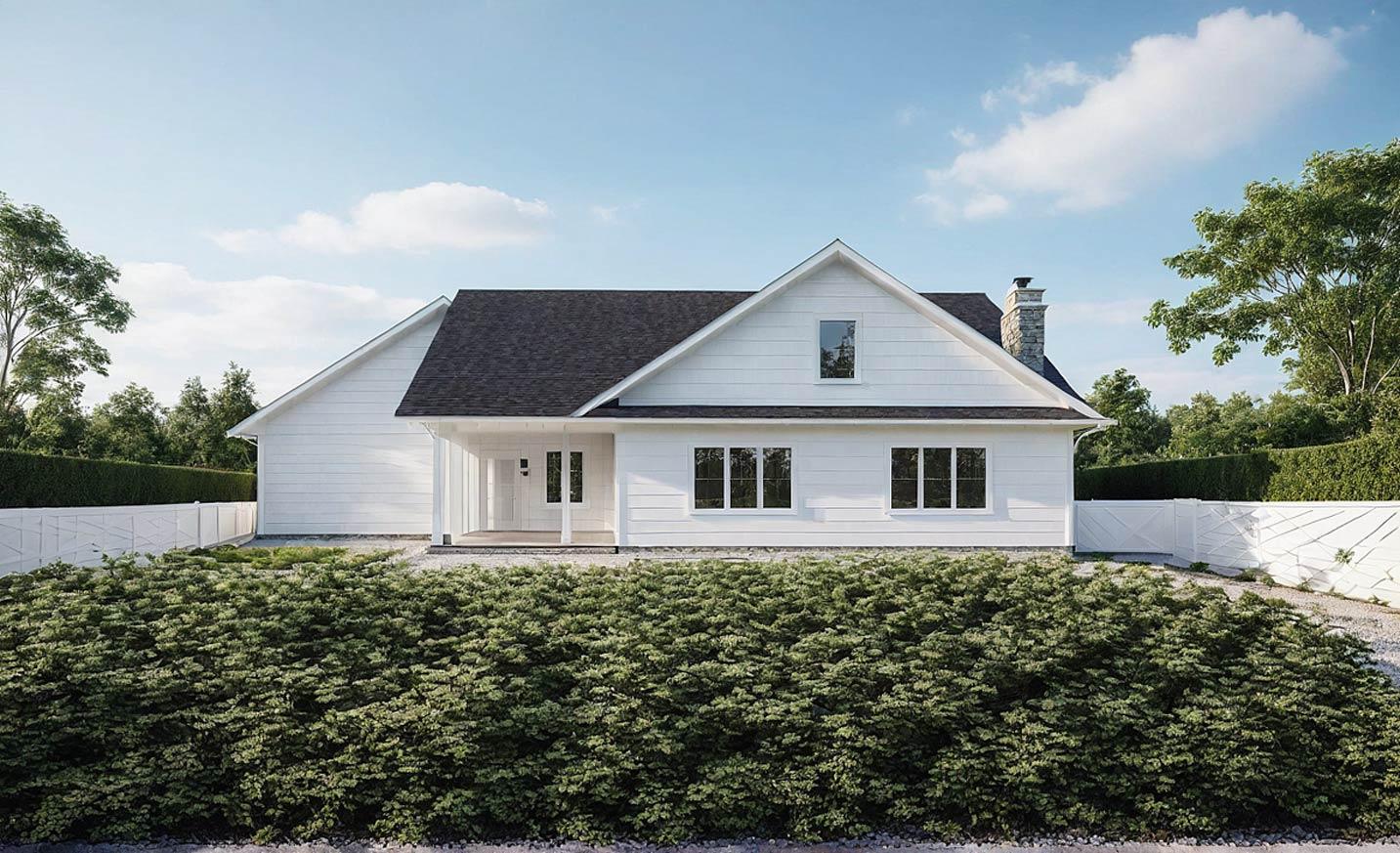 House plan exterior of a single-story Modern Farmhouse with a covered entry, gables, and a stone chimney.