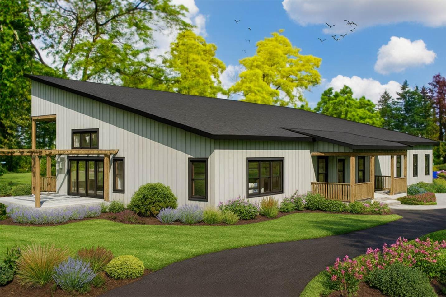 Modern house plan exterior with a shed roof, covered porch, and pergola.