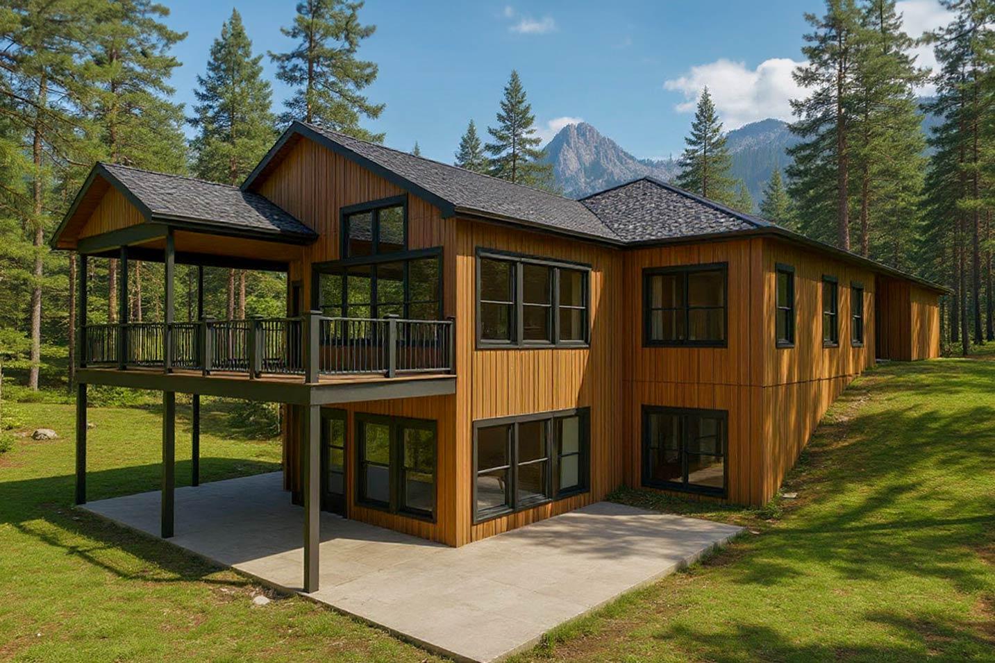 House plan exterior of a two-story wood-clad home with a covered deck, gabled roof, and numerous windows.