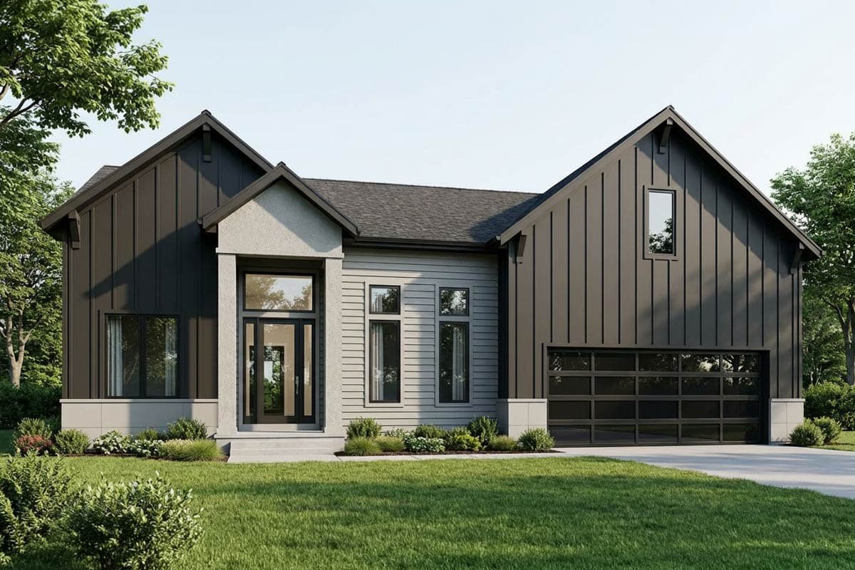 House plan exterior featuring a modern architectural style with contrasting siding, gabled rooflines, and a glass garage door.