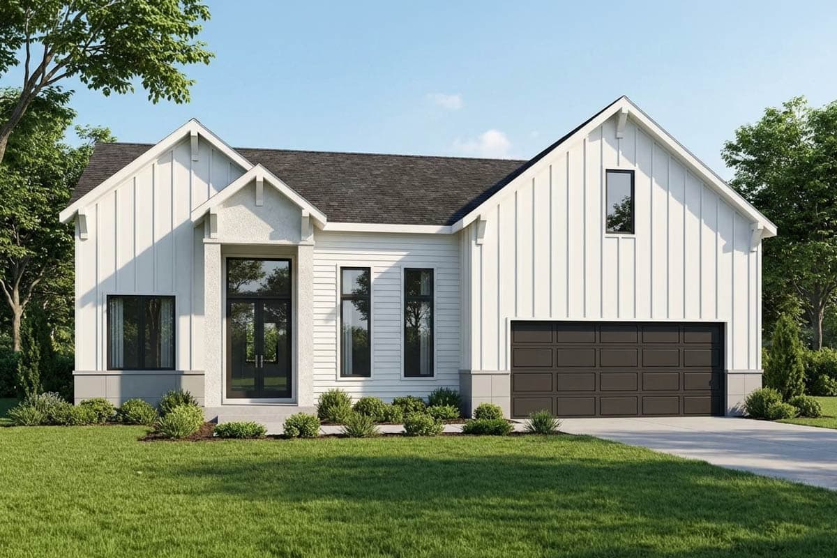Modern Farmhouse style house plan exterior with vertical siding, gables, double door entry, and attached two-car garage.