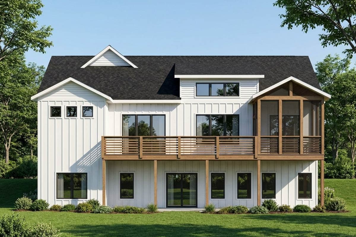 House plan exterior: Modern Farmhouse style, two stories, white board-and-batten siding, wraparound deck, screened porch.