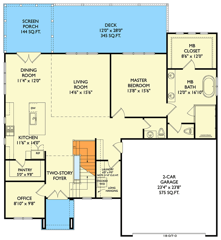 Plan 750030LDG: Modern Craftsman House Plan with 3 Beds, Office, and Two-Story Great Room - Floor Plan - Main Level - Craftsman, Modern, New American