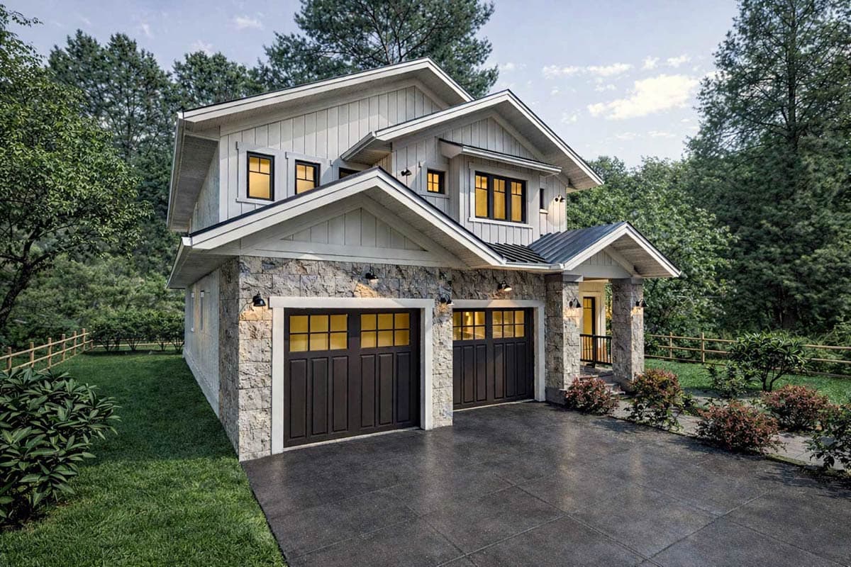 Two-story house plan exterior with stone base, gabled rooflines, board and batten siding, and a double garage.