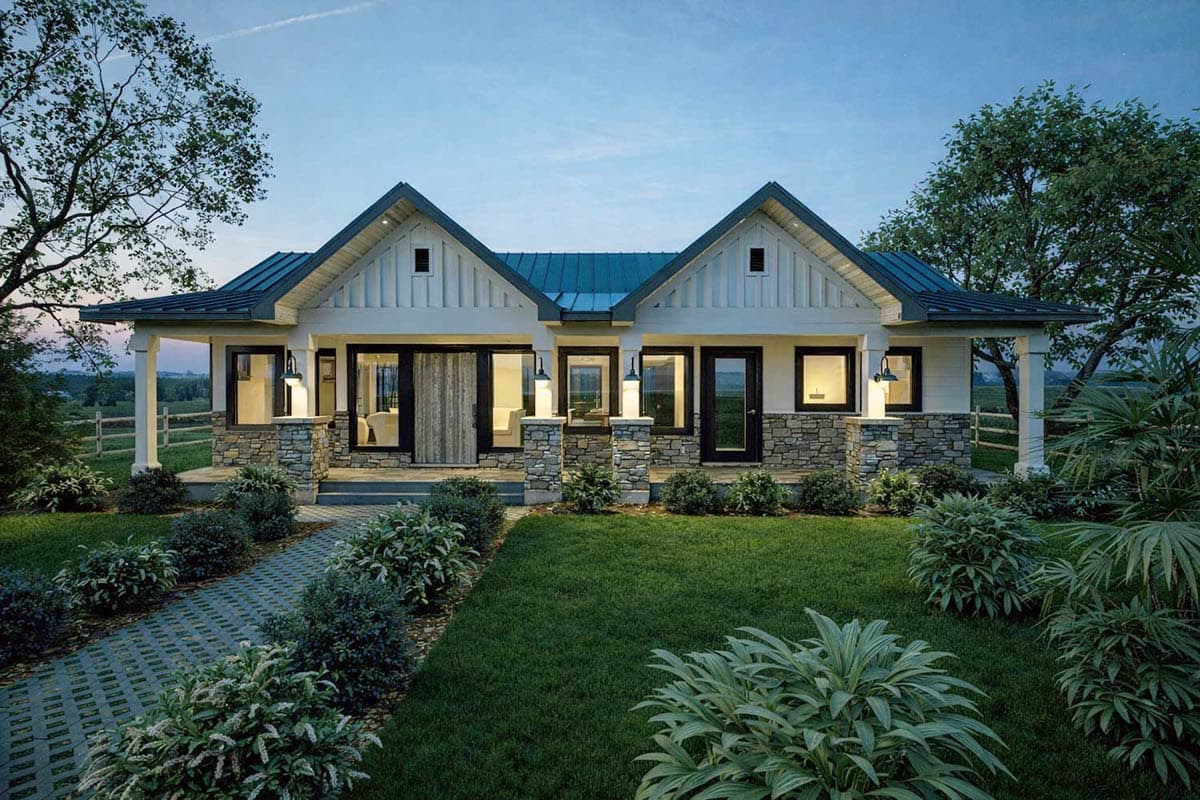 Modern Farmhouse house plan exterior with covered porch, stone accents, board and batten siding, and metal roof.