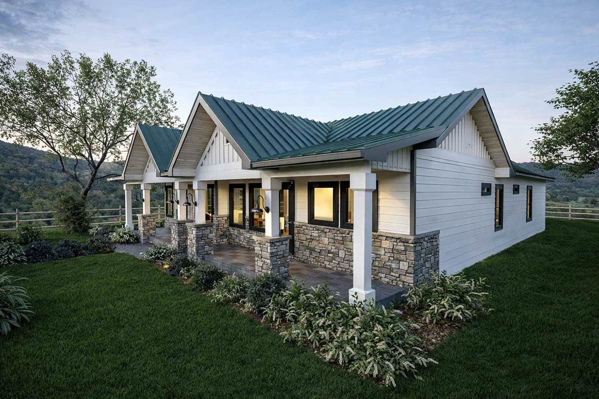 House plan exterior: Modern Farmhouse style, one story, white siding, stone base, metal roof, covered porch with stone pillars.