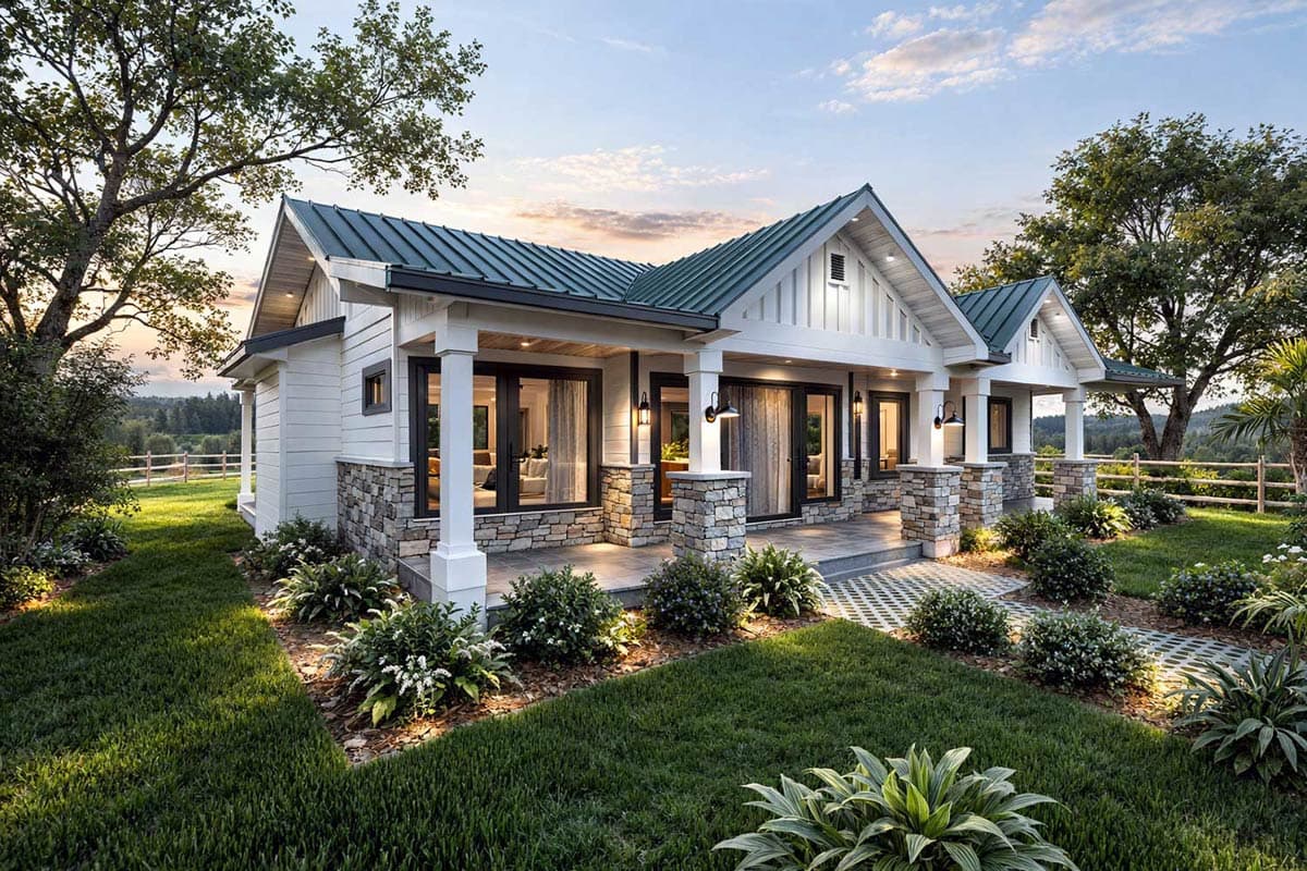 Modern Farmhouse house plan exterior with stone accents, a covered porch, gabled dormers, and a standing seam metal roof.
