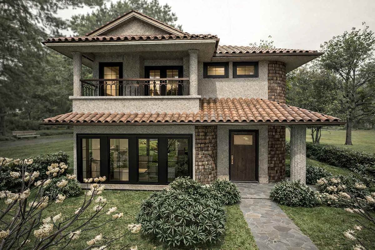 Two-story house plan exterior with Spanish tile roof, second-story balcony, and stone-clad columns.