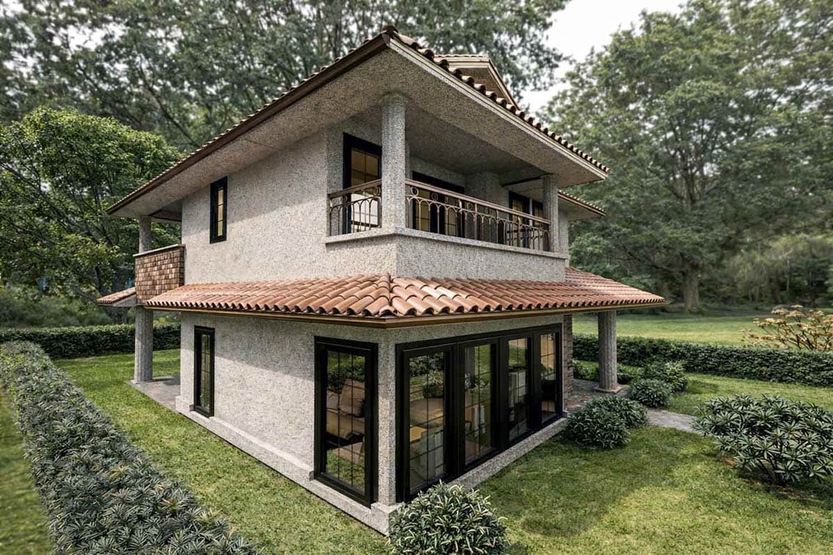 Two-story house plan exterior with stucco walls, tile roof, second-story balcony, and large ground-floor windows.