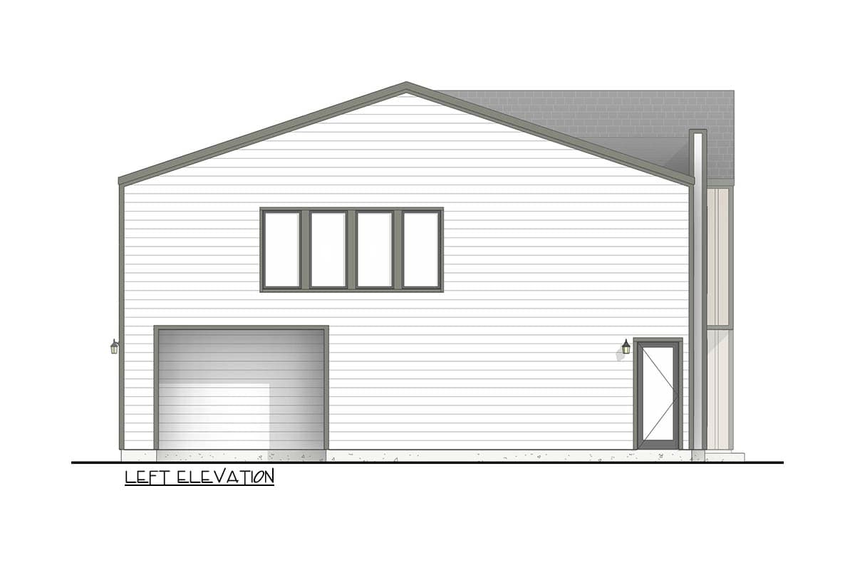 Left elevation house plan with horizontal siding, garage door, entry door, and upper-level windows.
