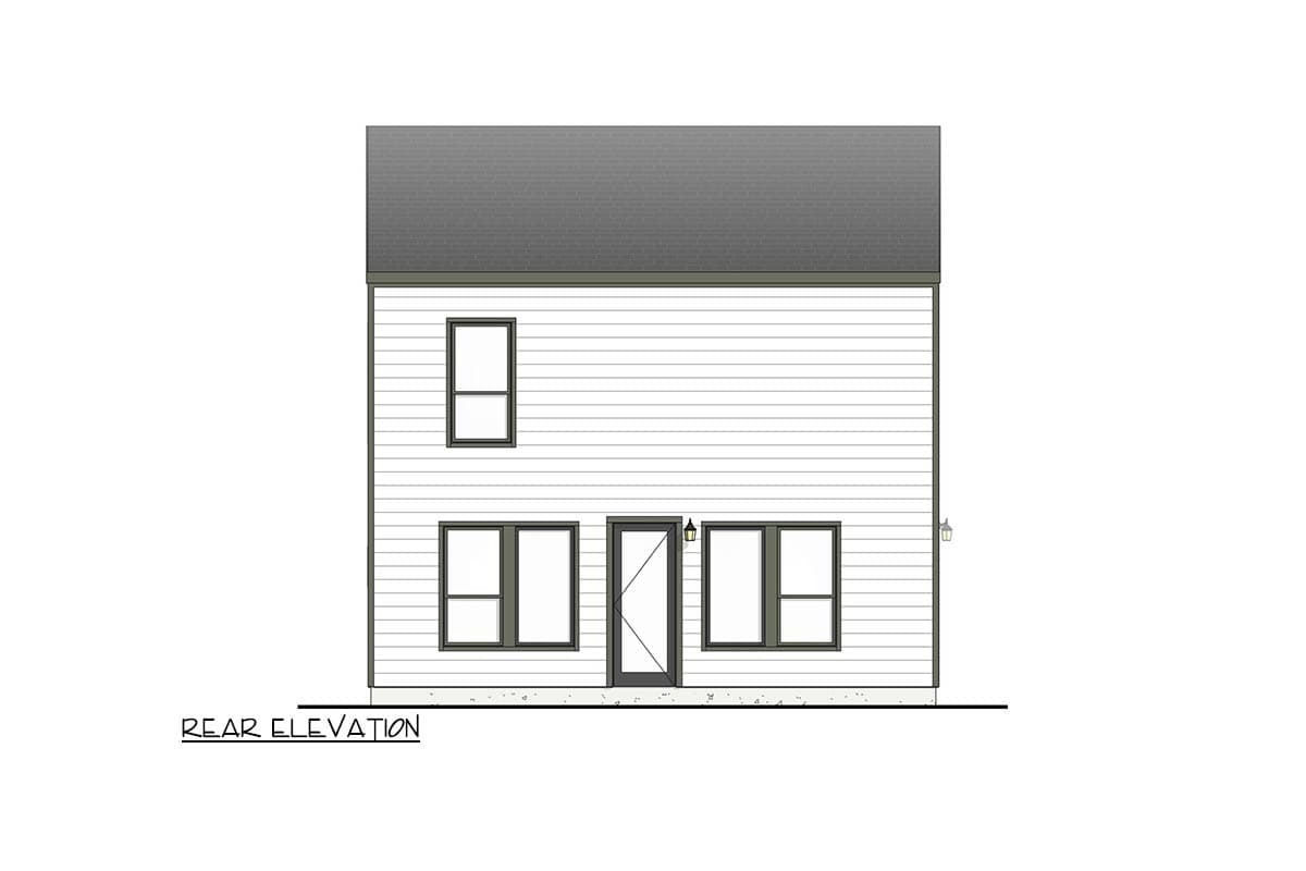 Rear elevation drawing of a two-story house with horizontal siding, a dark roof, and multiple windows.