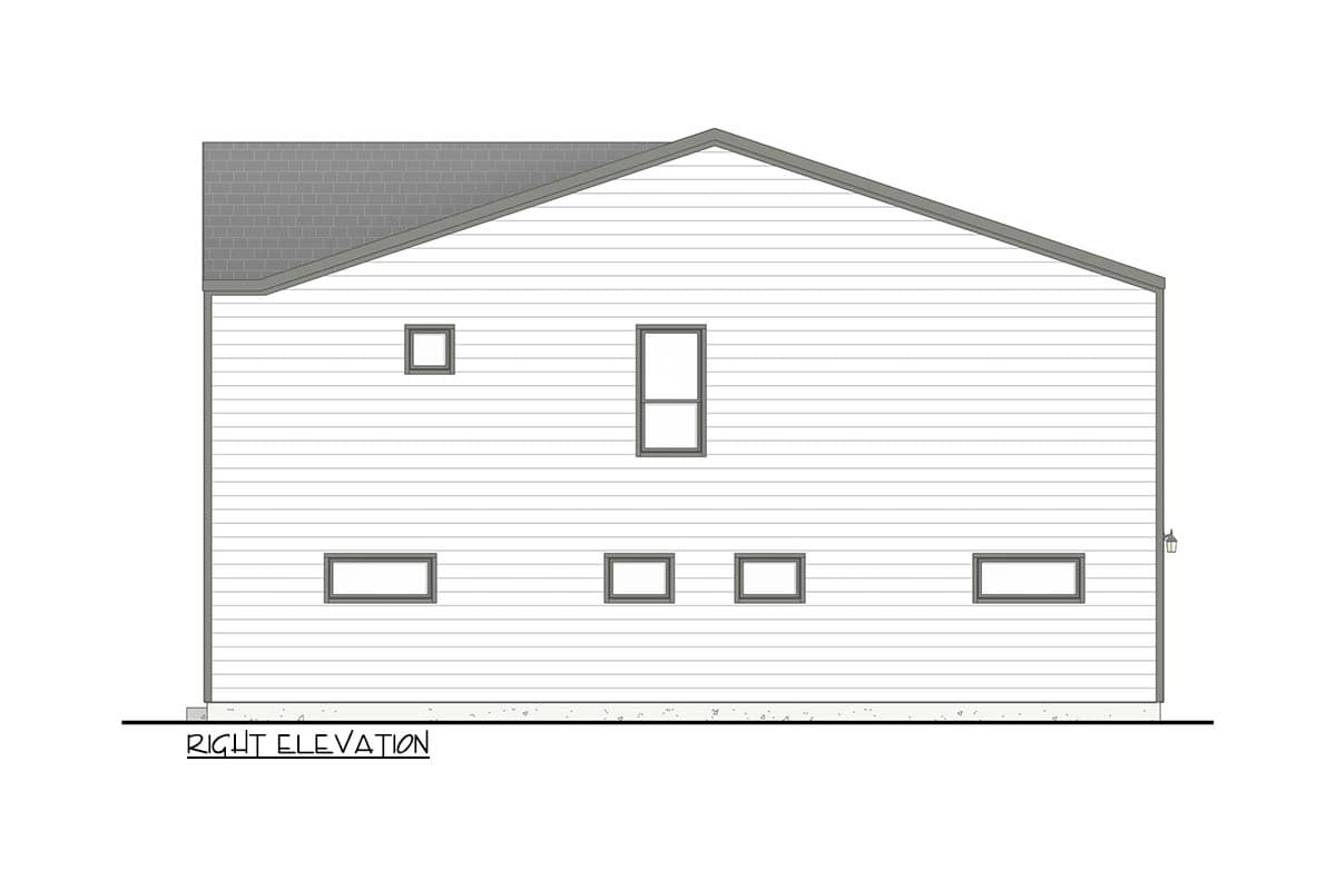 Right elevation drawing of a house plan with horizontal siding, a gabled roof, and a series of rectangular windows.