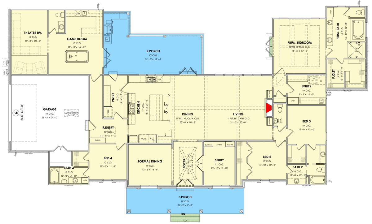 Plan 185028PHD: Modern Farmhouse House Plan with 4 Bedrooms Game Room and Outdoor Living - Floor Plan - Main Level - Farmhouse, Louisiana-Style, Modern Farmhouse, New American, Traditional