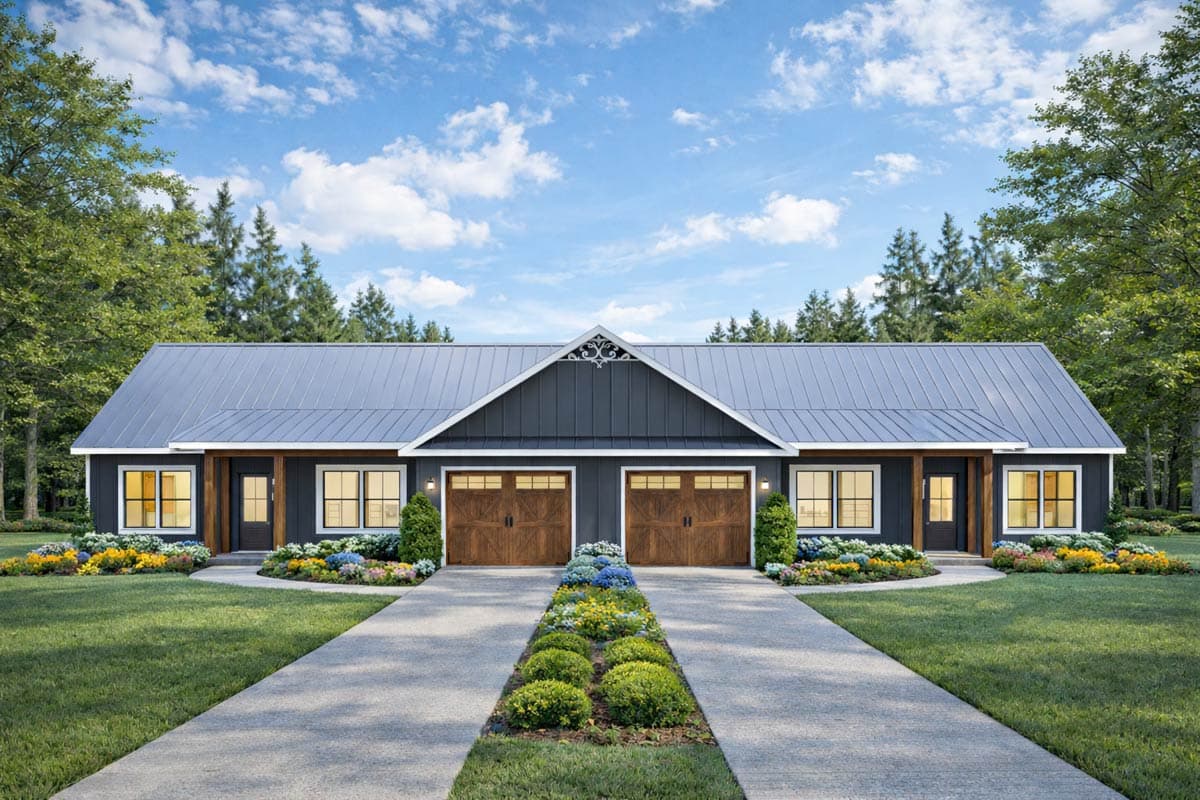 Modern Farmhouse house plan exterior with a metal roof, twin garages, gabled dormer, and visible entry porches.