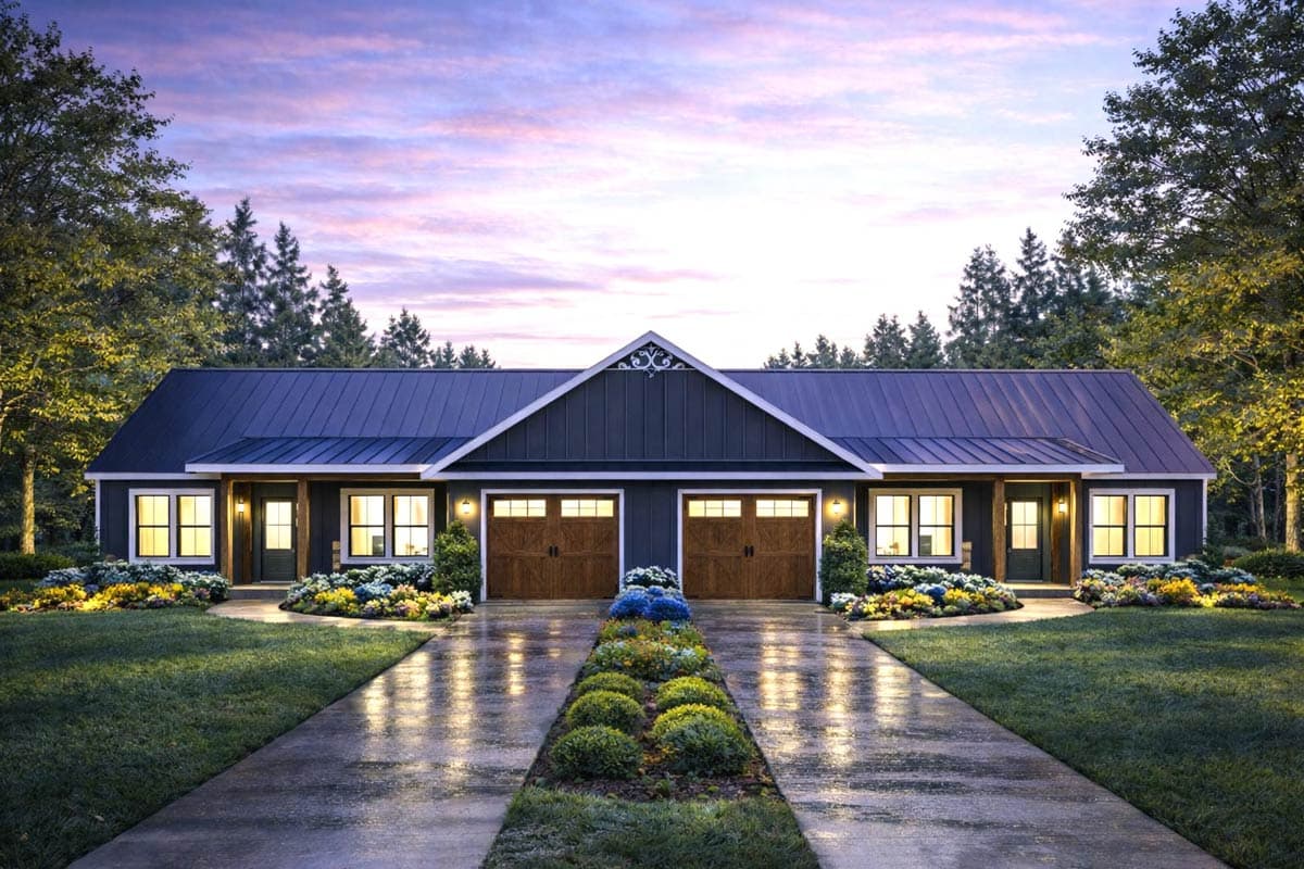 Modern Farmhouse house plan exterior with dark siding, metal roof, dual garage doors, and symmetrical window placement.