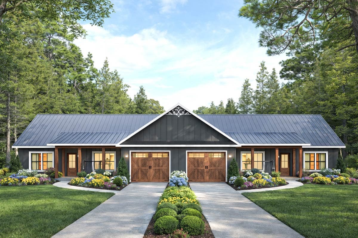 Modern Farmhouse style house plan exterior with a dark gray metal roof, two garage doors, and covered porches.
