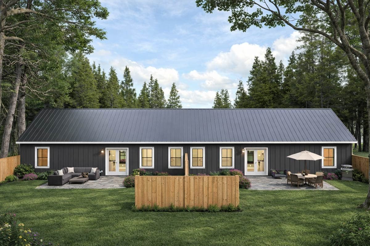 Modern ranch house plan exterior with a dark metal roof, vertical siding, multiple windows, and two sets of double doors.