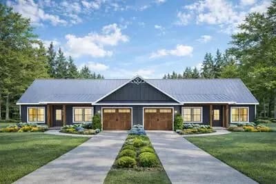 Ranch Style Duplex House Plan with Six Bedrooms and Twin Garages