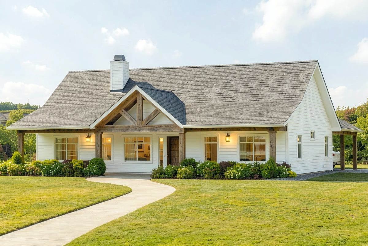 Modern Farmhouse house plan exterior with gables, exposed timber framing, prominent chimney, and covered porch.