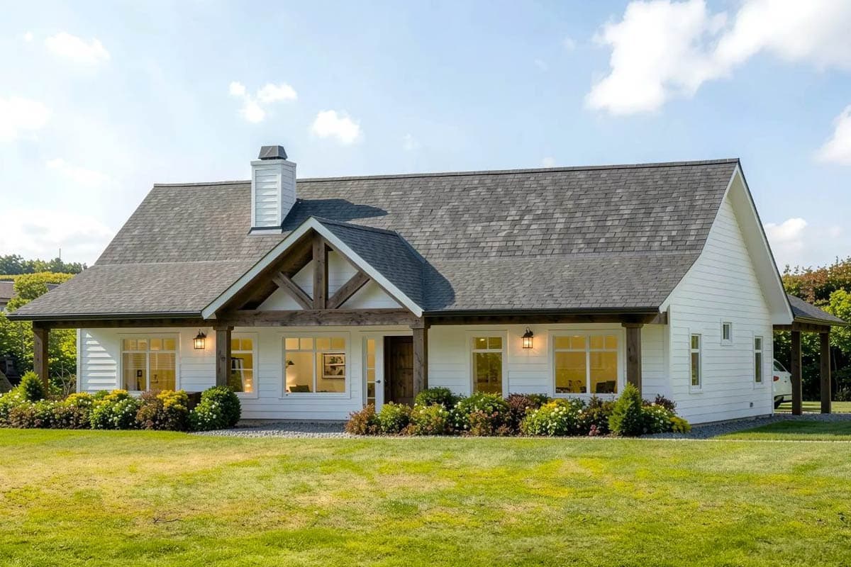 Modern Farmhouse house plan exterior with gables, exposed timber framing, prominent chimney, and covered porch.