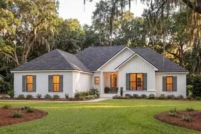 Traditional Ranch Farmhouse House Plan with Split Bedrooms and Open Living