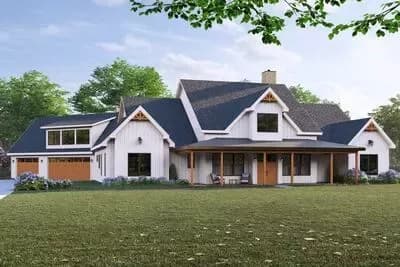 4-Bedroom Modern Farmhouse House Plan with Angled 3-Car Garage