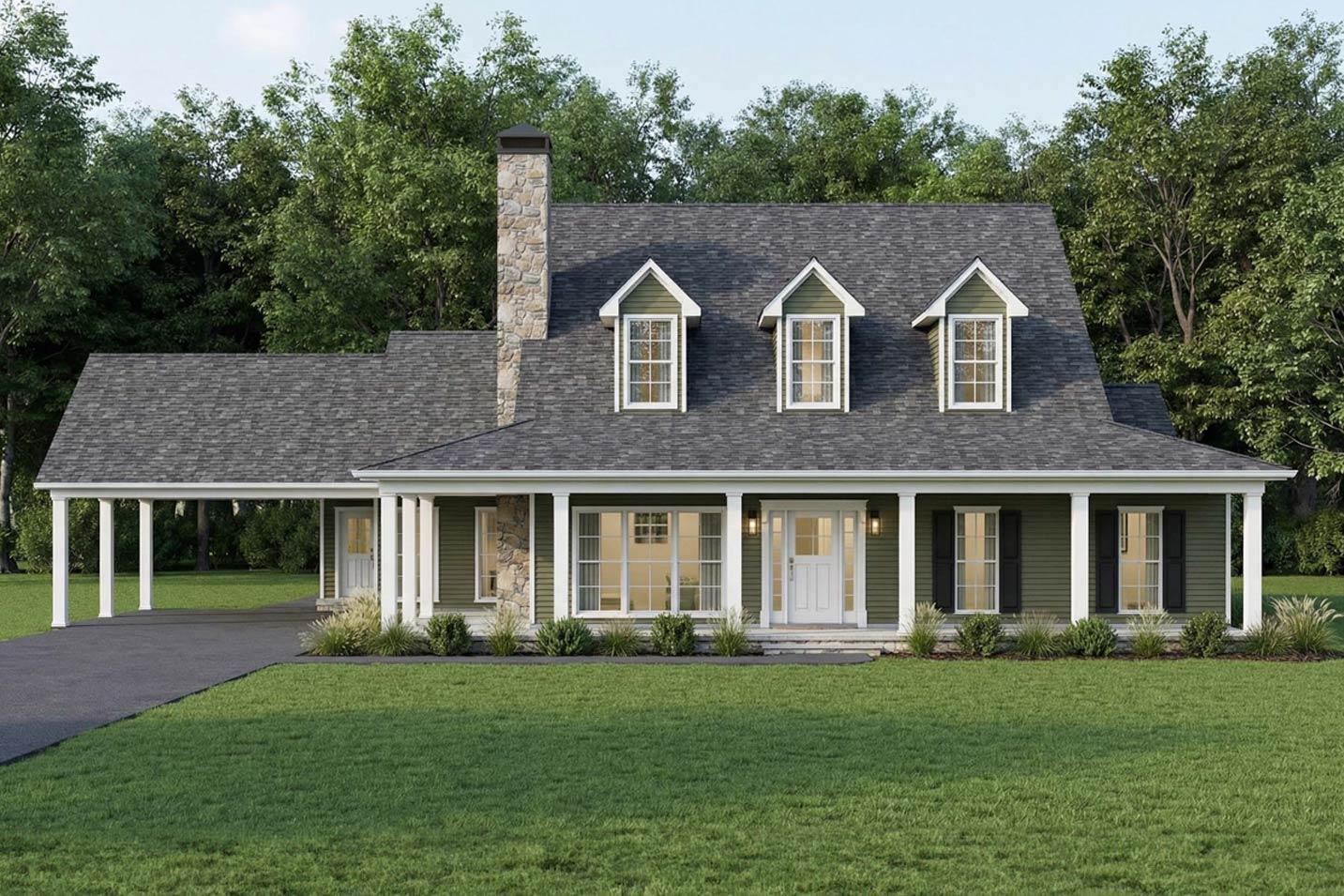 House plan exterior: Traditional style, one-story home with a full-width covered porch, stone chimney, and attached carport.
