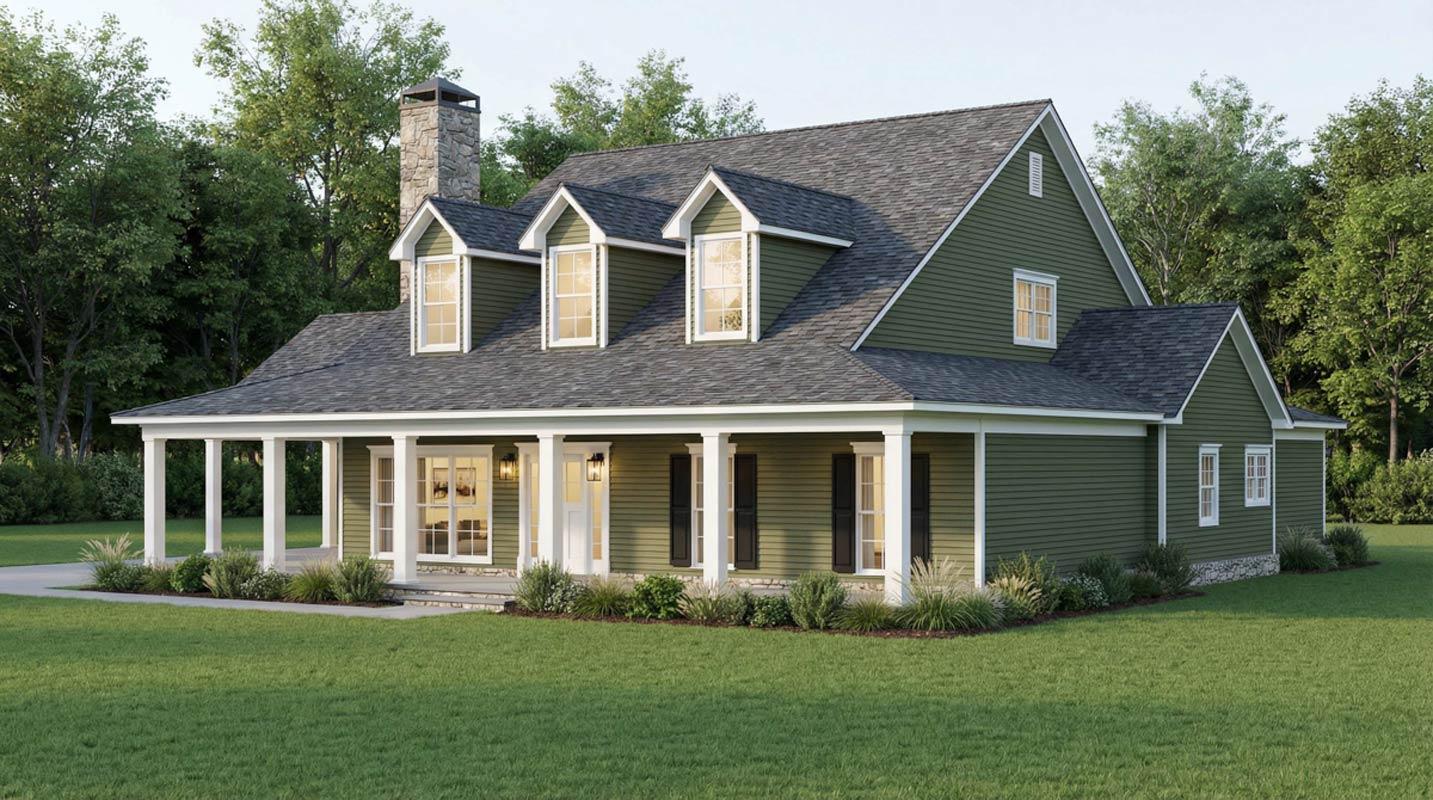 House plan exterior: Two-story home with wide wraparound porch, three dormers, and a stone chimney.