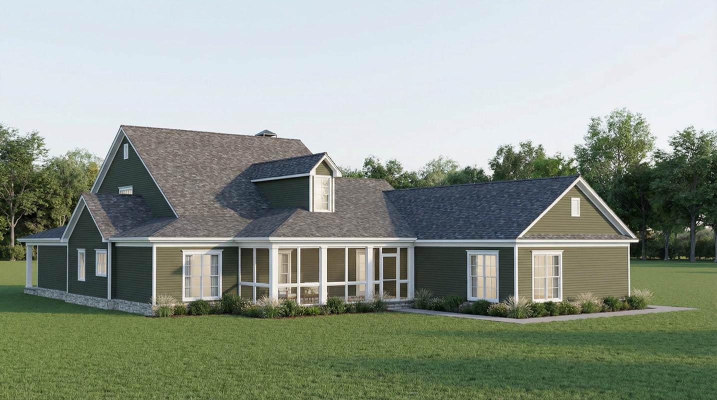 House plan exterior view of a one-story home with a screened porch, dormer, and gabled roof.